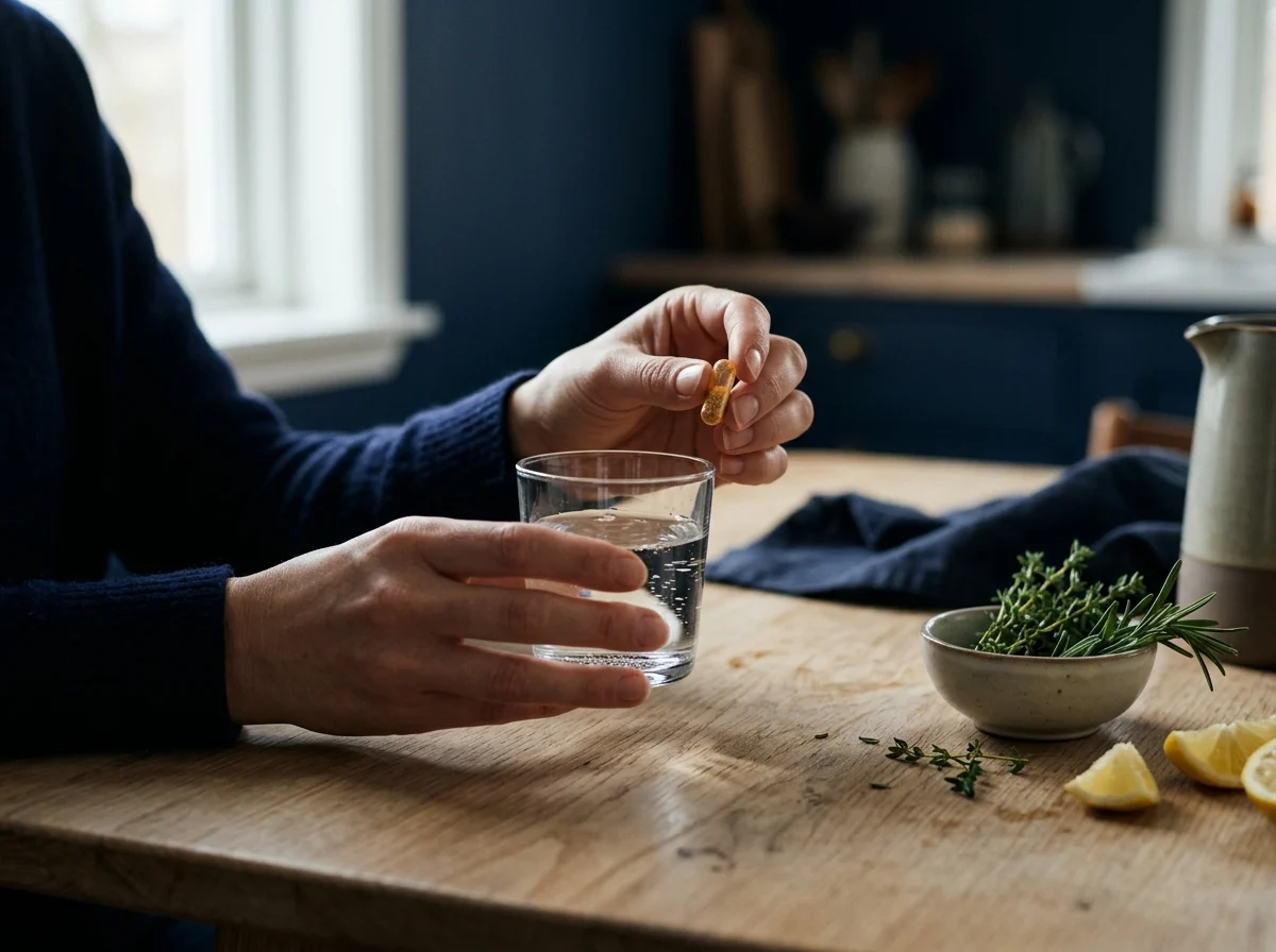 Hænder holder glas vand og kosttilskudskapsel